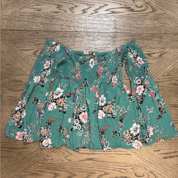 Torrid Floral Off-Shoulder Top Boho Babe Smocked Peasant Blue Green Teal XXS - Picture 5 of 6